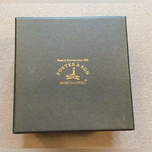 Foster & Son box green, yellow interior, approx‎ 5” x  5”